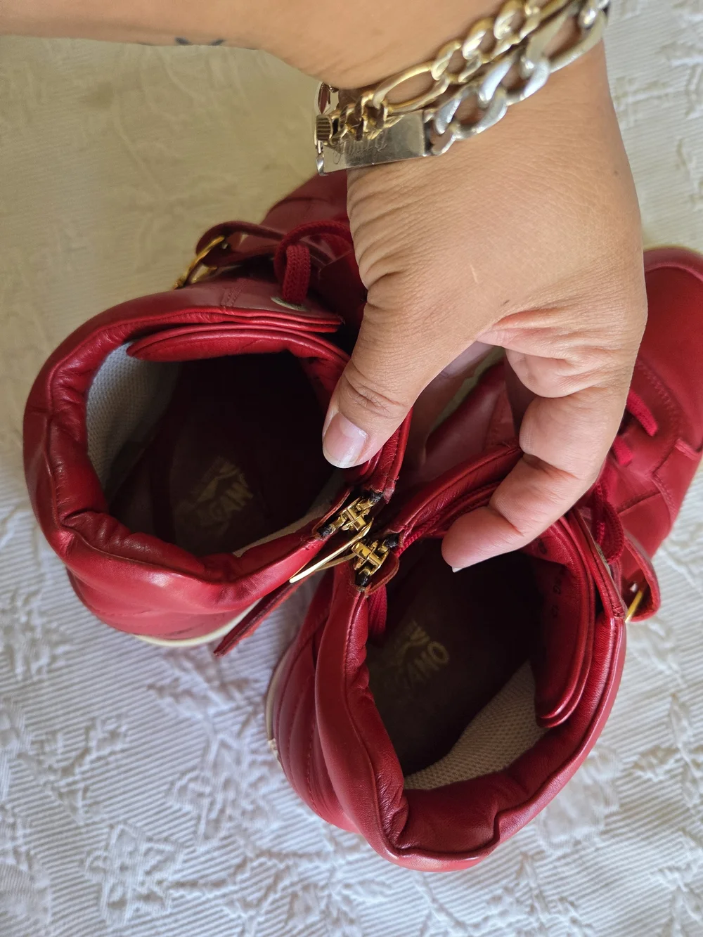 Salvatore Ferragamo | Nayon Red Leather High-Top Sneaker with Gold Logo